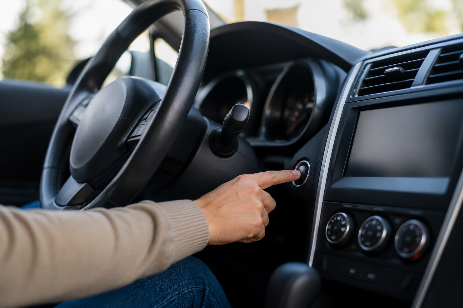 Main tournant une clé de contact dans l'habitacle d'une voiture